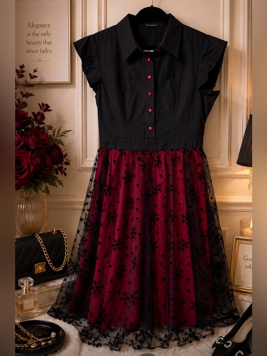 Retro Stage Dresses & Skirts - Stunning Black & Red Party Dress with Black Lace Overlay (snowflake design)